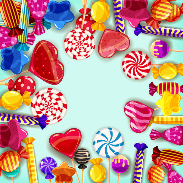 Candy háttér beállítása különböző színű cukorka, édesség, édesség, candy, zselés bab. Sablon, plakát, transzparens, vektor, elszigetelt, rajzfilm stílusú - Vektor, kép