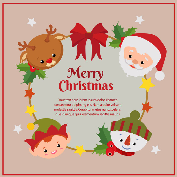 merry christmas with ribbon santa reindeer elf snowman - Vector, afbeelding