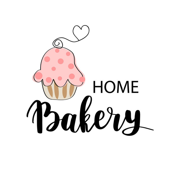 Vector Bakery, dessert shop or bakehouse logo, tag or label design. Home baking logotype lettering phrase and cute pink cupcake. - Вектор, зображення