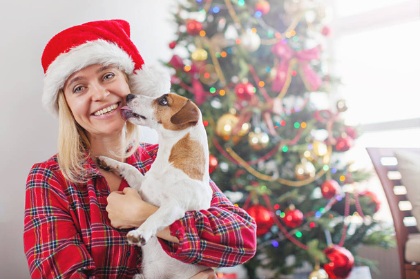 Happy woman with dog in christmas decoration - Zdjęcie, obraz