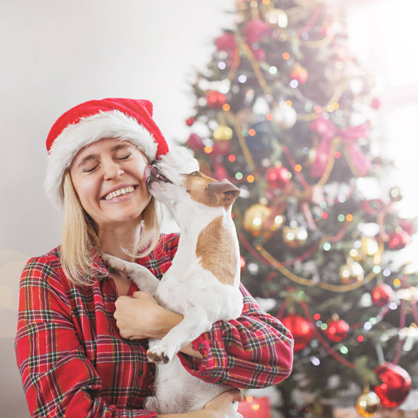 Mujer feliz con perro en la decoración de Navidad - Foto, Imagen