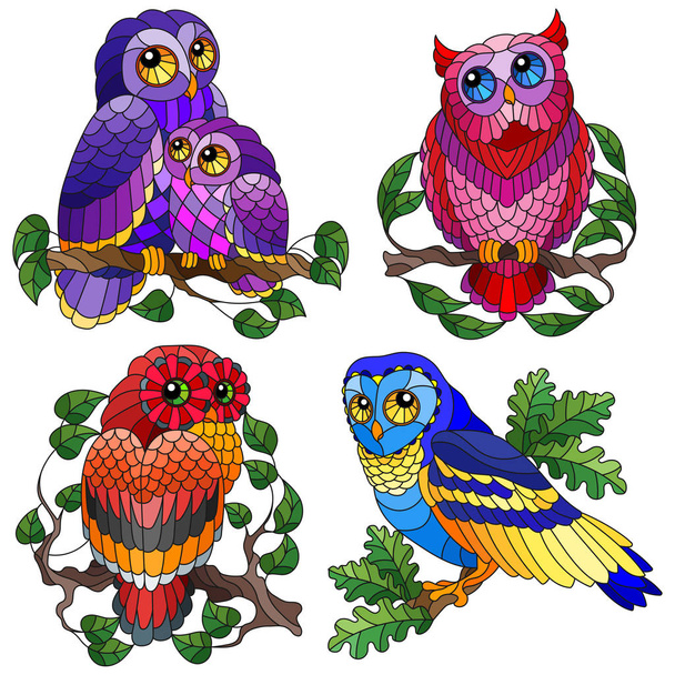 Serie di illustrazioni di contorno di elementi in vetro colorato con gufi seduti su rami d'albero, gufi e rami con foglie isolate su sfondo bianco
 - Vettoriali, immagini