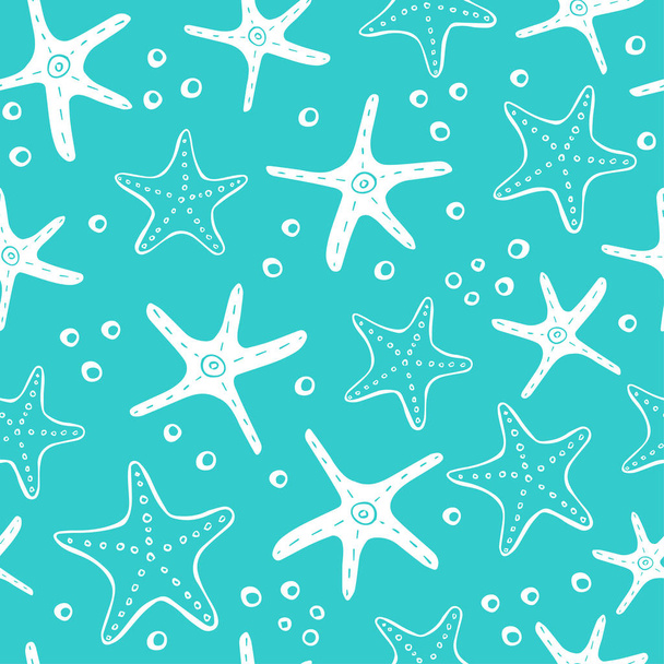 Fresh creative abstract marine seamless pattern. Sea life background with corals, sea star, shells and bubbles. Hand drawn vector illustration for textile and other print - Vector, imagen