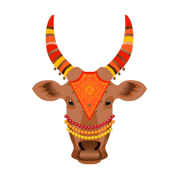 Maatu Pongal. Hindujen sadonkorjuufestivaali Intiassa ja Sri Lankassa. Tapahtuman käsite. Lehmän pää, koristeltu kankaalla kirjonta, helmiä, kelloja
 - Vektori, kuva