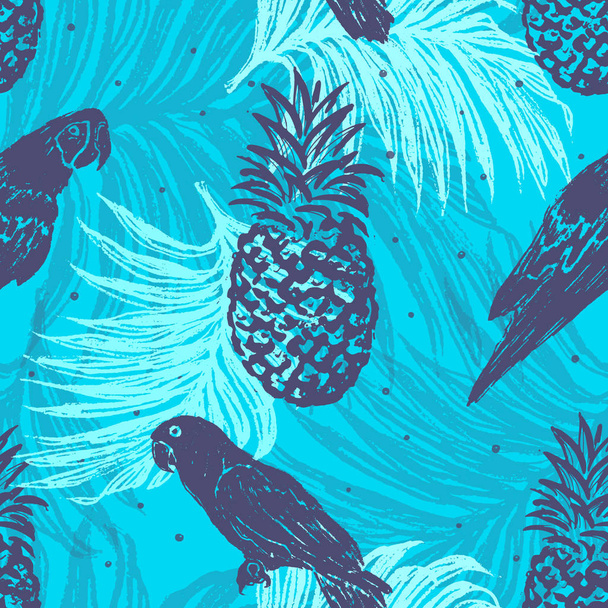 Inkt hand getrokken Jungle naadloze patroon met vogels op Palm bladeren achtergrond - Vector, afbeelding