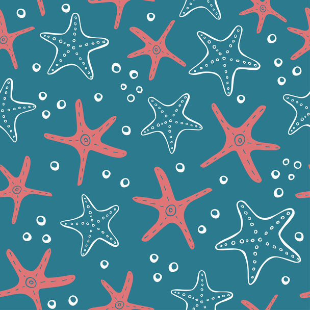 Свежий творческий абстрактный морской бесшовный рисунок. Морской фон с кораллами, морской звездой, раковинами и пузырьками. Ручная рисованная векторная иллюстрация для текстиля и другой печати
 - Вектор,изображение