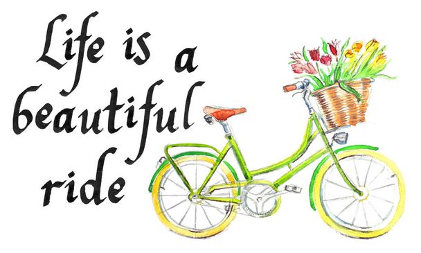 "Life is a beautiful ride", light green bicycle with a basket of flower - watercolor vector illustration - Vektör, Görsel