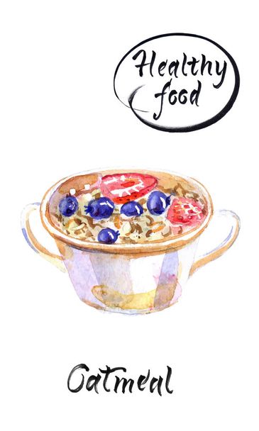 Zabpehely, édes bogyók a fehér edény két füllel, művészi akvarell vektoros illusztráció - Vektor, kép