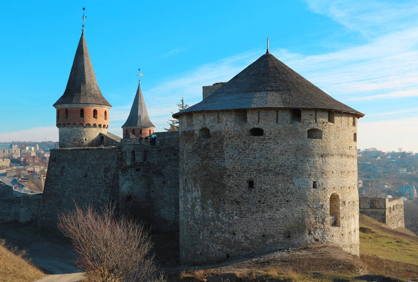 Old castle on Smotrych river, is a former Ruthenian-Lithuanian castle and a later three-part Polish fortress, located in historic city of Kamianets-Podilskyi, in historic region of Podolia in Ukrain - Zdjęcie, obraz