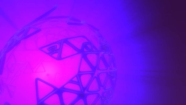 Abstract 3d rendering concept of high poly sphere with chaotic mesh grid cellular mulecular structure. Sci-fi background with polygonal shape in empty space with light god rays. Futuristic design bio - Foto, Imagen
