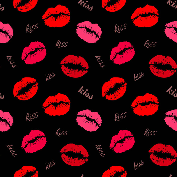 赤とピンクの唇マークが異なるフォントで word「キス」と黒の背景トレンディなシームレス パターンに分離されました。美容業界のデザインのベクトル図 - ベクター画像