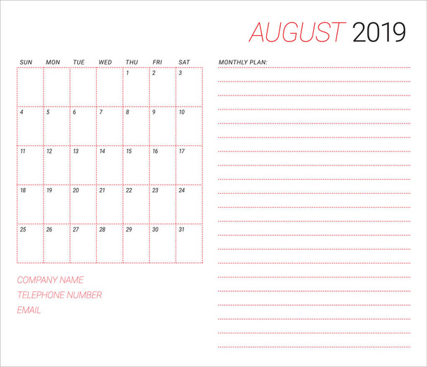 Augusztus 2019 asztali naptár vektoros illusztráció, egyszerű és tiszta design.  - Vektor, kép