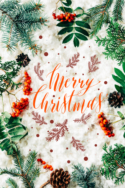 flat lay with winter arrangement of pine tree branches, cones and sea buckthorn on white cotton wool backdrop with "merry christmas" lettering - Photo, Image