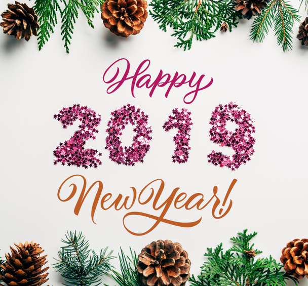 flat lay with 2019 year sign made of pink confetti, pine tree branches and cones on white background with "happy 2019 new year" lettering - Photo, Image