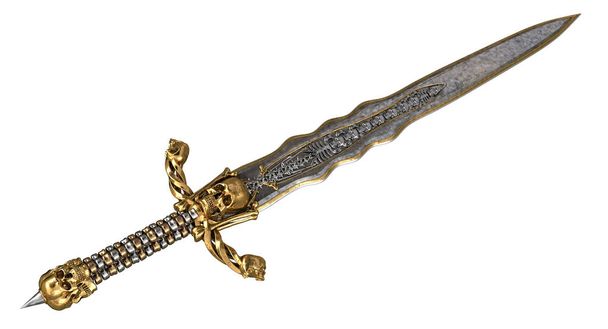 espada larga con cráneo y huesos sobre un fondo blanco aislado. ilustración 3d
 - Foto, Imagen