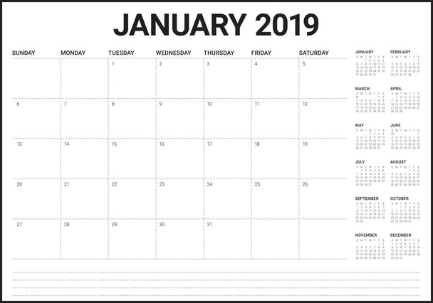 Ilustracja wektorowa stycznia 2019 biurko kalendarza, prosty i czysty design.  - Wektor, obraz