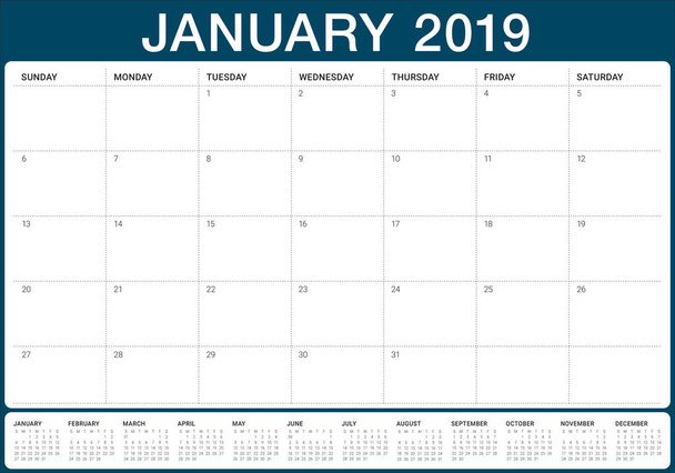 Ilustracja wektorowa stycznia 2019 biurko kalendarza, prosty i czysty design.  - Wektor, obraz