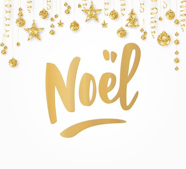 Noel hand drawn letters. Holiday glitter border with hanging balls. Great for Christmas gift tags and labels - Vector, imagen