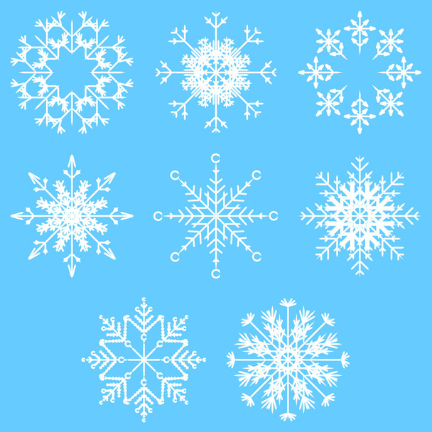 συλλογή καλλιτεχνική παγωμένο κρύσταλλο αφηρημένη νιφάδες χιονιού που απομονώνονται σε μπλε φόντο   - Διάνυσμα, εικόνα