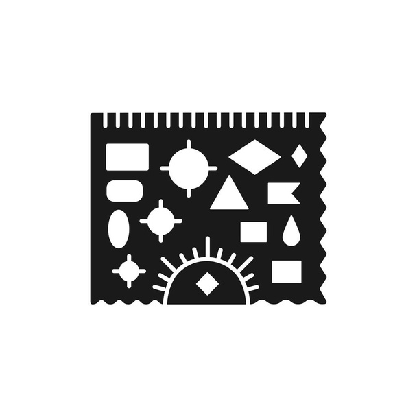 Zwarte & witte vectorillustratie van redactionele sjabloon liniaal met geometrische vormen. Platte icoon van stencil voor tekenaar, architect, ingenieur. Technische & mechanische tekening tool. Geïsoleerde object op witte achtergrond - Vector, afbeelding