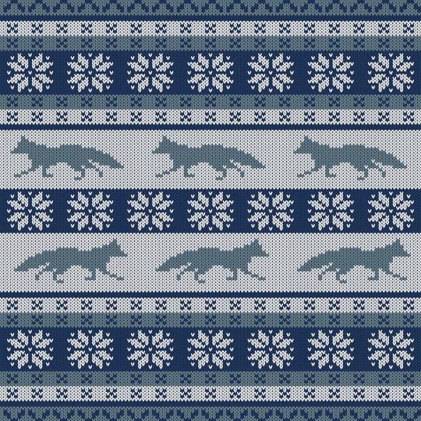 Pletené skandinávské bezešvé ornament s běžící liška a sněhové vločky - Vektor, obrázek
