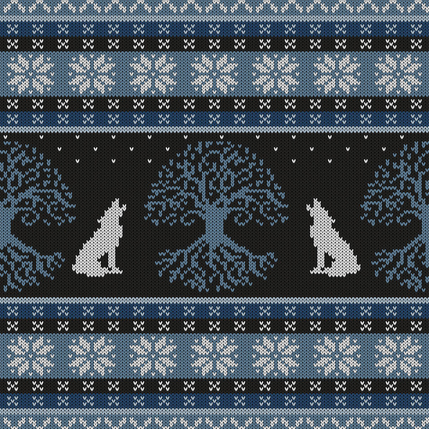 Nuit d'hiver, arbre de vie et loups hurlants. Motif sans couture en laine tricotée
 - Vecteur, image
