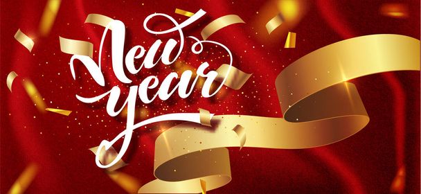 Happy New Year winter holiday greeting card design template. Calligraphic New year Lettering Decorated. Party poster, banner for invitation gold glitter stars confetti glitter decoration. Vector. - Вектор,изображение