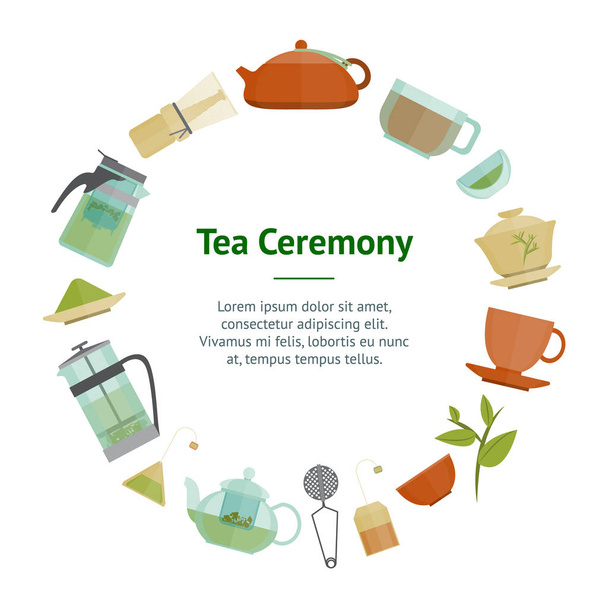 Cartoon Tea Ceremony Banner Card Circle. Vector - Vektor, obrázek