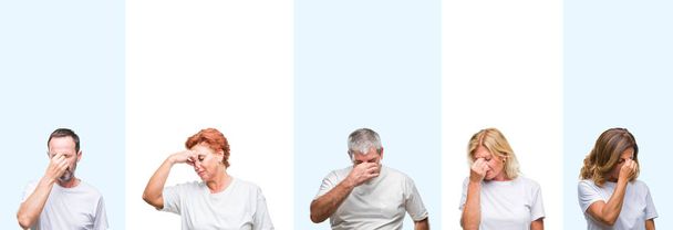 Collage de groupe d'âge moyen et personnes âgées portant un t-shirt blanc sur fond isolé fatigué se frottant le nez et les yeux ressentant fatigue et maux de tête. Concept de stress et de frustration
. - Photo, image