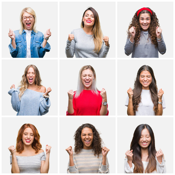 Collage de mujeres hermosas jóvenes sobre un fondo aislado emocionados por el éxito con los brazos levantados celebrando la victoria sonriendo. Concepto ganador
. - Foto, imagen