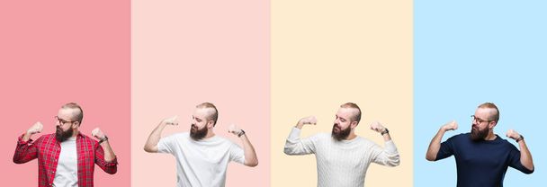 Collage di giovane uomo con la barba su strisce colorate sfondo isolato mostrando muscoli delle braccia sorridente orgoglioso. Concetto fitness
. - Foto, immagini