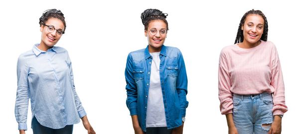 Коллаж красивых плетеных волос африканской американки на изолированном фоне с счастливой и прохладной улыбкой на лице. Счастливчик
. - Фото, изображение