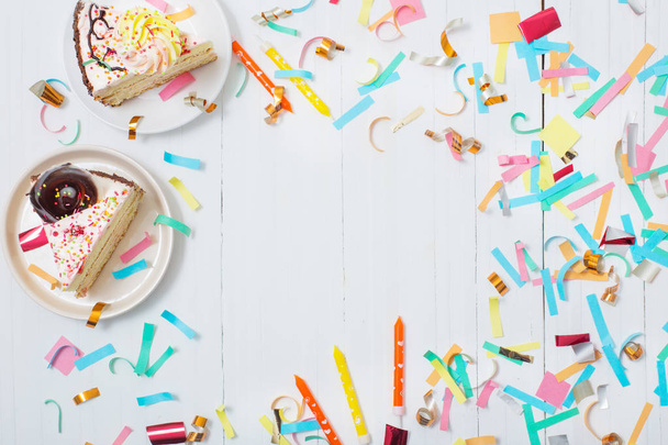 birthday cake and  decoration on white wooden background - 写真・画像