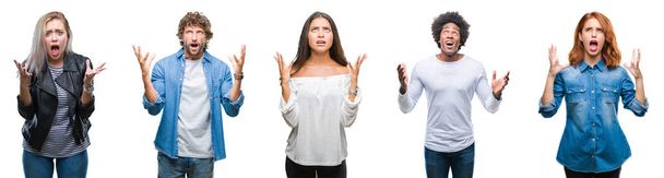 Collage van groep Arabische, Indische, Afrikaanse Amerikaanse mensen over geïsoleerde achtergrond gekke en gekke schreeuwen en schreeuwen met agressieve expressie en wapens aan de orde gesteld. Frustratie concept. - Foto, afbeelding