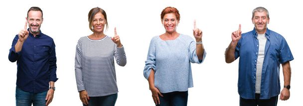 Collage einer Gruppe eleganter Menschen mittleren Alters und älterer Menschen vor isoliertem Hintergrund, die mit Finger Nummer eins zeigen und dabei selbstbewusst und glücklich lächeln. - Foto, Bild