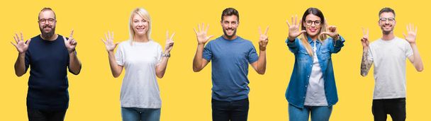 Collage aus Gruppenmenschen, Frauen und Männern vor buntem, gelbem Hintergrund, die mit Finger Nummer sieben nach oben zeigen und dabei selbstbewusst und glücklich lächeln. - Foto, Bild