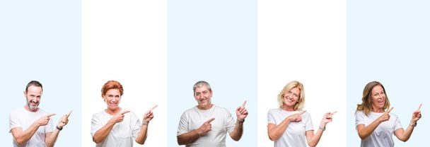 Colagem de grupo de meia-idade e idosos vestindo camiseta branca sobre fundo isolado sorrindo e olhando para a câmera apontando com duas mãos e dedos para o lado
. - Foto, Imagem