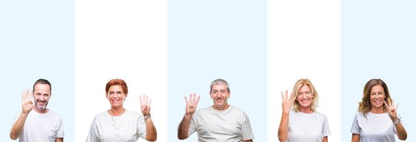 Колаж середнього віку та літніх людей у білій футболці над ізольованим тлом, що показує та вказує пальцями номер чотири, посміхаючись впевнено та щасливо
. - Фото, зображення