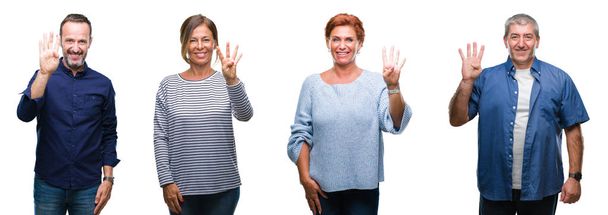 Коллаж группы элегантного среднего возраста и пожилых людей на изолированном фоне показывая и показывая пальцами номер четыре улыбаясь уверенно и счастливо
. - Фото, изображение