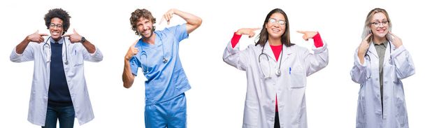 Collage aus einer Gruppe von Ärzten, Krankenschwestern, Chirurgen über isoliertem Hintergrund, die selbstbewusst lächeln und mit den Fingern Zähne und Mund zeigen. Gesundheitskonzept. - Foto, Bild