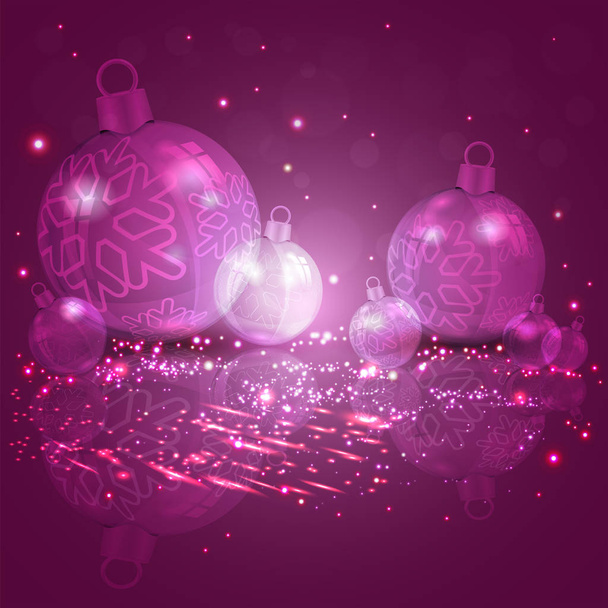 Noel kartı mor, pembe ile Noel ışıltılı topları ile kar taneleri kümesi. - Vektör, Görsel