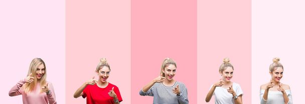 Koláž Mladá krásná blondýnka živé barevné retro růžové izolované pozadí ukazovat prstem na kameru s šťastný a legrační obličej. Dobrá energie a vibrace. - Fotografie, Obrázek
