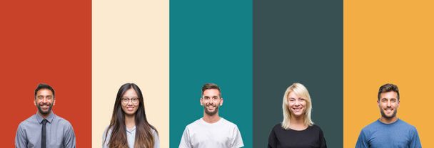 Collage de diferentes etnias jóvenes sobre rayas coloridas fondo aislado con una sonrisa feliz y fresca en la cara. Persona afortunada
. - Foto, Imagen