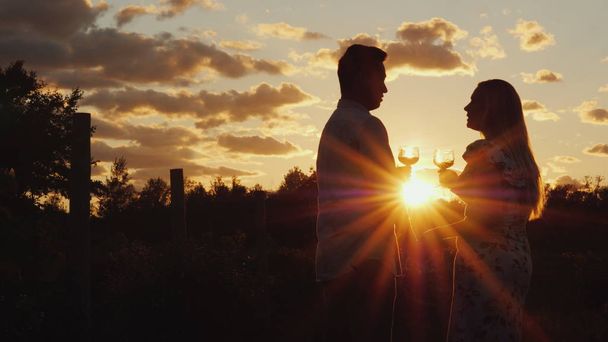 Couple romantique multi-ethnique buvant du vin au coucher du soleil. Ils se tiennent près du vignoble. Lune de miel et concept de voyage
 - Photo, image