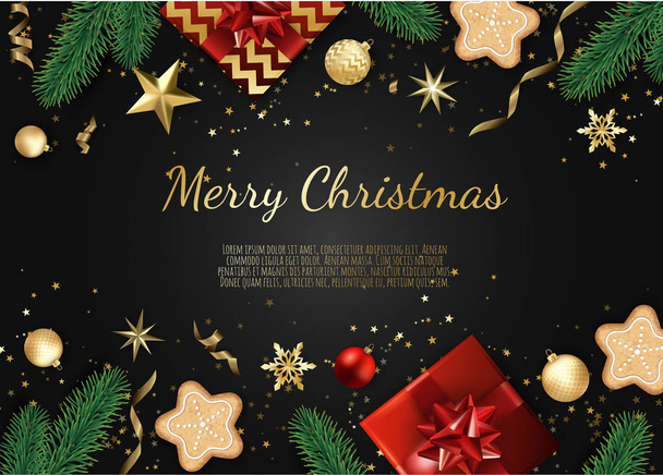 ベクトルのクリスマス ツリーの枝、金の星、クリスマス ボール、テキスト用のスペースのバナーします。クリスマス カード、バナー、チラシ、パーティのポスター、ヘッダーのために大きい. - ベクター画像