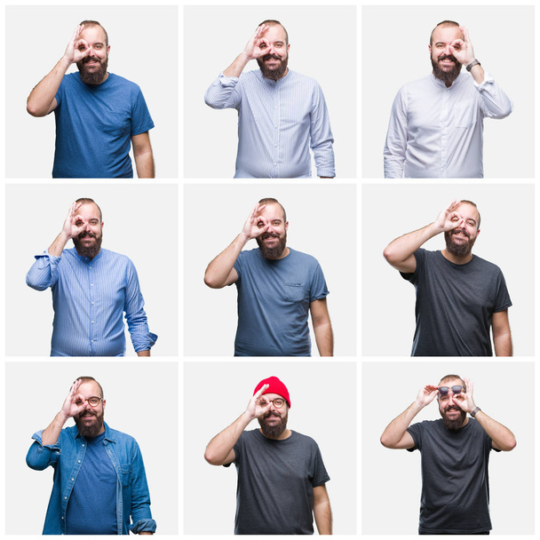 Collage of young man over isolated background doing ok gesture with hand smiling, eye looking through fingers with happy face. - Фото, изображение