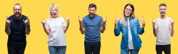 Collage aus Gruppenmenschen, Frauen und Männern vor buntem, gelbem Hintergrund, die mit verrücktem Gesichtsausdruck Rock-Symbol mit erhobenen Händen machen. Musikstar. Schweres Konzept. - Foto, Bild
