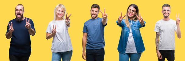 Колаж групових людей, жінок і чоловіків над барвистим жовтим ізольованим тлом, посміхаючись дивитися на камеру, показуючи пальці, роблячи знак перемоги. Номер два
. - Фото, зображення