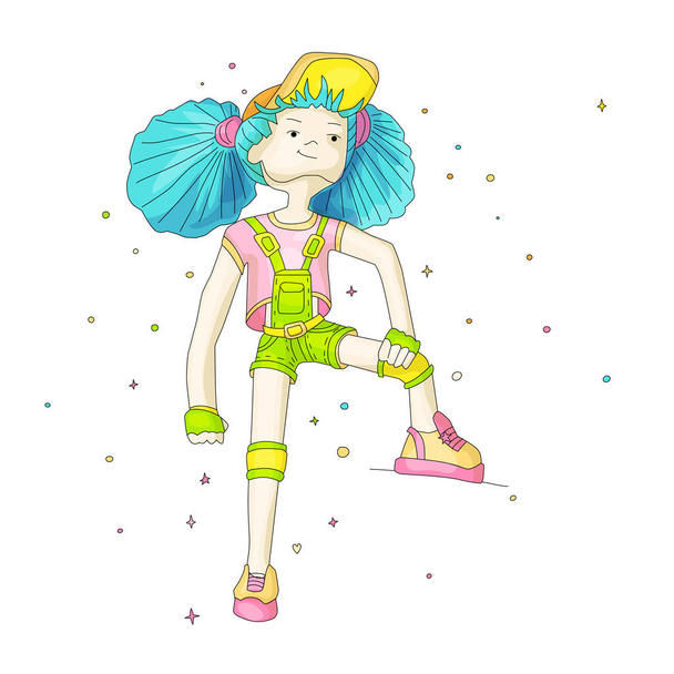 Young girl with blue hair in baseball cap and overalls, vector cartoon hand draw illustration. Teenage young girl in bright colors, rebel girl illustration. Young positive rebel girl. Positive girl - Vektor, Bild