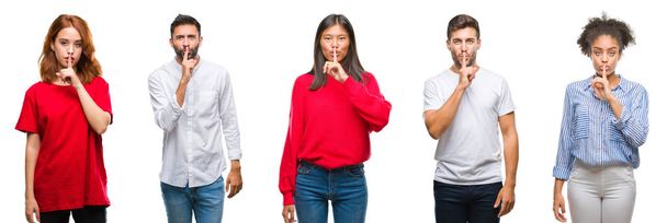 Collage von Gruppen chinesischer, indischer, hispanischer Menschen mit isoliertem Hintergrund, die mit dem Finger auf den Lippen um Ruhe bitten. Schweigen und geheimes Konzept. - Foto, Bild